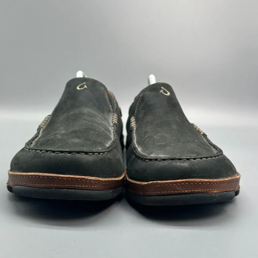 Olukai Moloa Men's 10 Black Nubuck Leather Casual Shoes Slip-On Round Toe Loafer